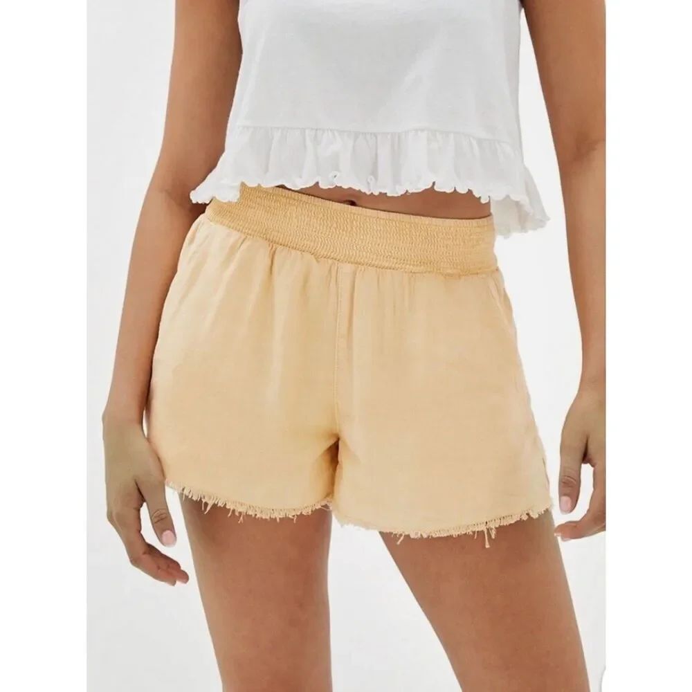 American Eagle Resort Shorts Frayed Smocked Linen Blend Yellow Womens Medium